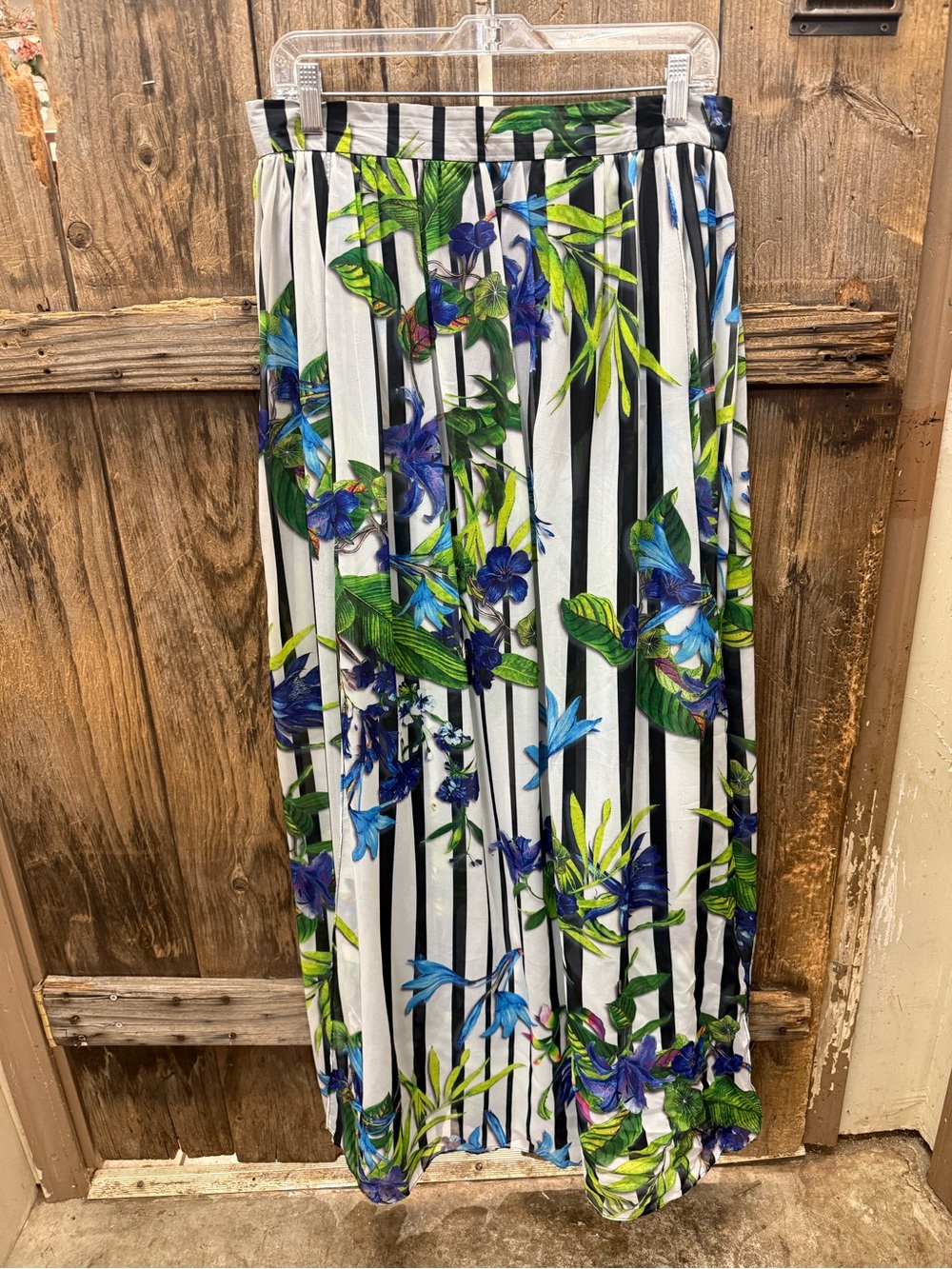 Floral Stripe Maxi Skirt in White, Black & Green